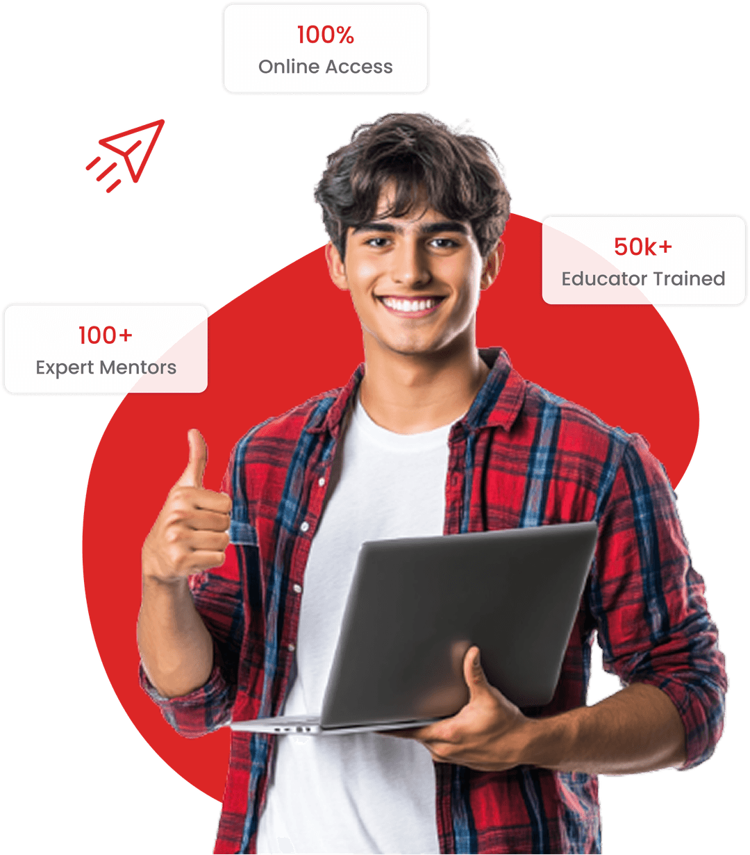 Educator with laptop showing 110% Online Access, 540+ Expert Mentors, 320+ Educator Trained