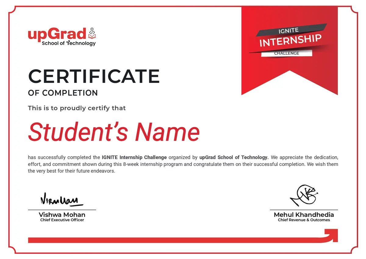 IGNITE Internship Challenge certificate of completion from upGrad School of Technology