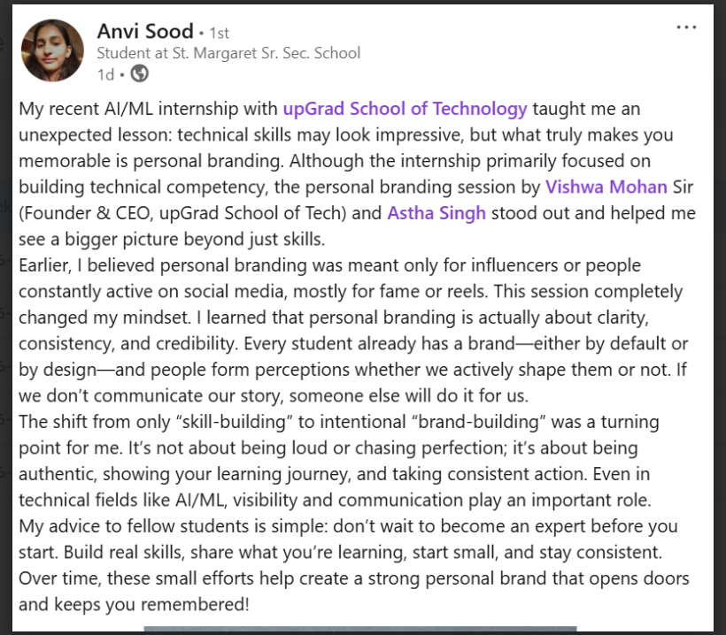 LinkedIn testimonial from Apoorva Singh