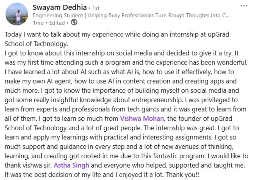 LinkedIn testimonial from Anvi Sood