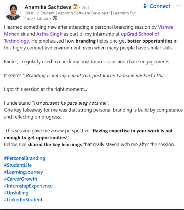 LinkedIn testimonial from Anvi Sood on practical mindset