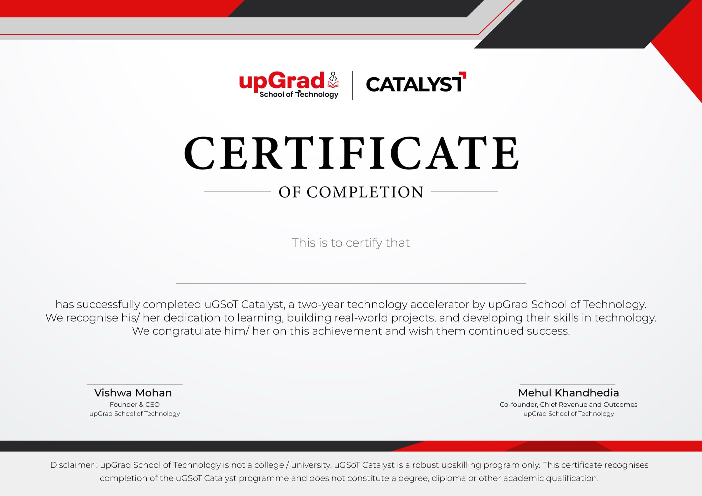 Sample of the uGSoT Catalyst certificate of completion from upGrad School of Technology, signed by Vishwa Mohan and Mehul Khandhedia